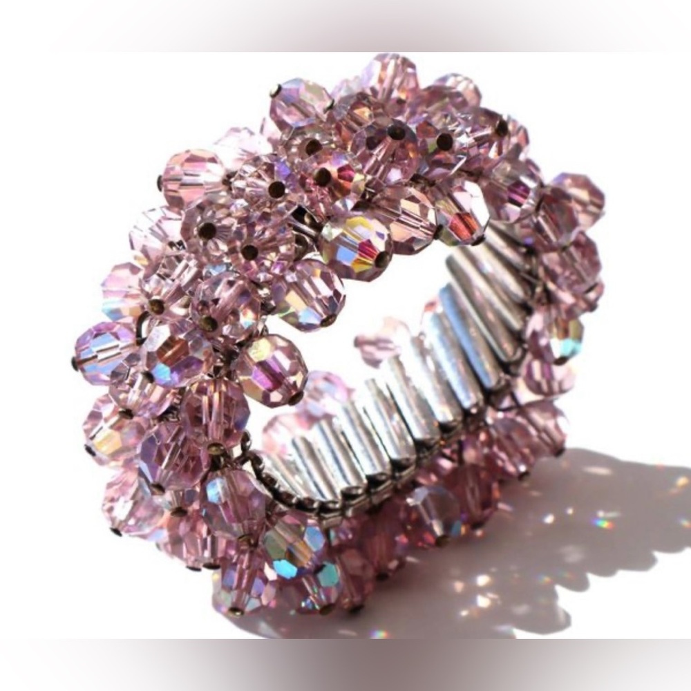 Vintage MCM Pink Beaded Stretch Cha Cha Bracelet Cuff Japan Sparkle OSFM Lovely